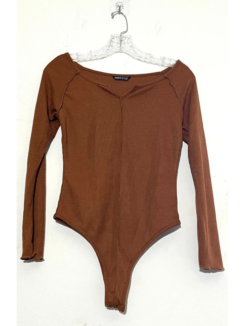 SHEIN Women’s Brown Ribbed Long Sleeve Scoop Neck Bodysuit Size M NWOT